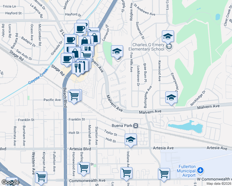 map of restaurants, bars, coffee shops, grocery stores, and more near 8190 Havasu Circle in Buena Park