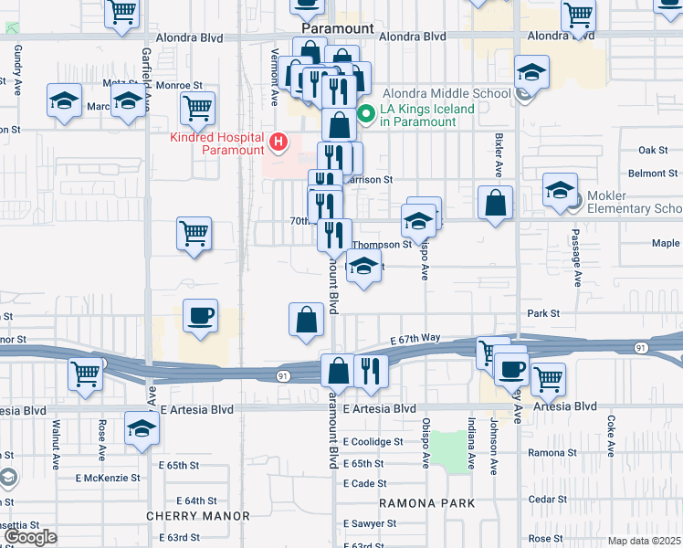 map of restaurants, bars, coffee shops, grocery stores, and more near 6890 Paramount Boulevard in Long Beach