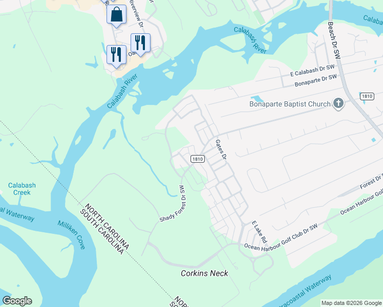 map of restaurants, bars, coffee shops, grocery stores, and more near 9220 Rivendell Place in Calabash