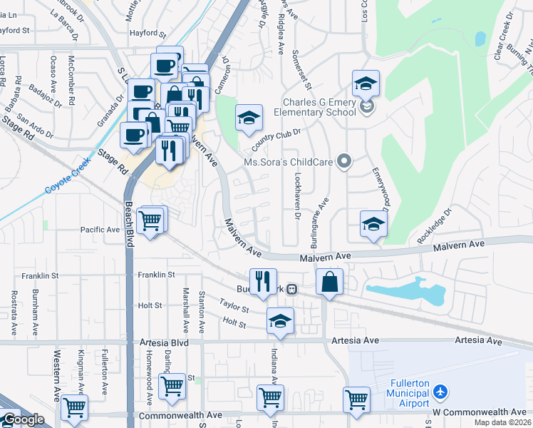 map of restaurants, bars, coffee shops, grocery stores, and more near 8237 Henshaw Circle in Buena Park