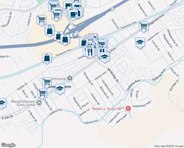 map of restaurants, bars, coffee shops, grocery stores, and more near 3577 Briarvale Street in Corona
