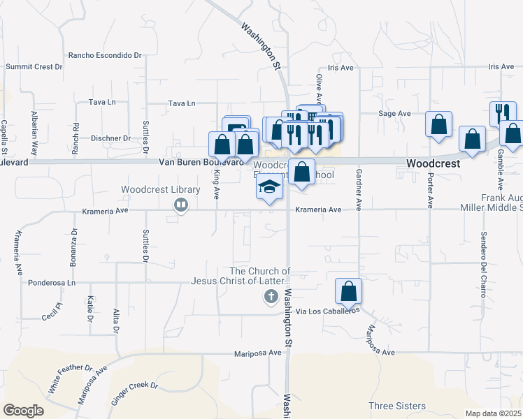 map of restaurants, bars, coffee shops, grocery stores, and more near 16940 Krameria Avenue in Riverside