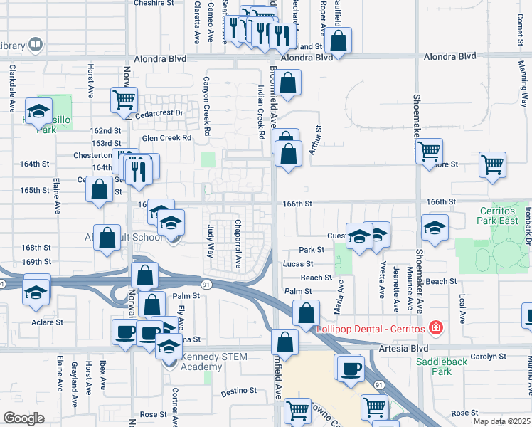 map of restaurants, bars, coffee shops, grocery stores, and more near 12530 Pinegrove Lane in Cerritos