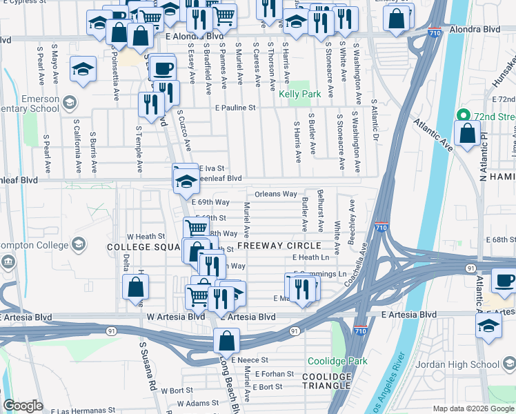 map of restaurants, bars, coffee shops, grocery stores, and more near 211 East 69th Way in Long Beach