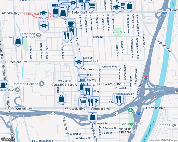 map of restaurants, bars, coffee shops, grocery stores, and more near 3 Corbin Way in Long Beach
