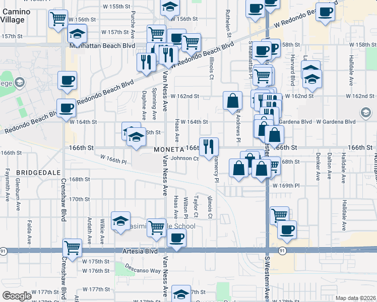 map of restaurants, bars, coffee shops, grocery stores, and more near 16514 Wilton Place in Torrance