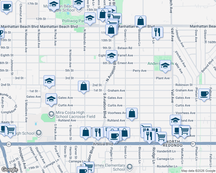 map of restaurants, bars, coffee shops, grocery stores, and more near 2704 Aviation Boulevard in Redondo Beach