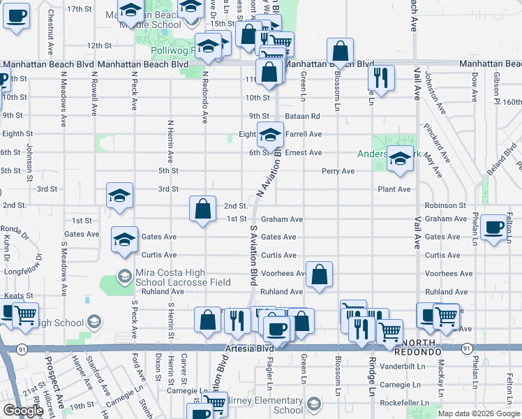 map of restaurants, bars, coffee shops, grocery stores, and more near 2704 Aviation Boulevard in Redondo Beach