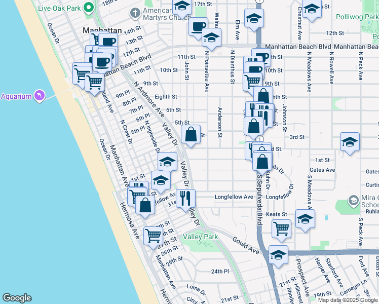 map of restaurants, bars, coffee shops, grocery stores, and more near 114 North Ardmore Avenue in Manhattan Beach