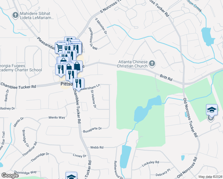 map of restaurants, bars, coffee shops, grocery stores, and more near 4415 Bonaparte Drive in Tucker