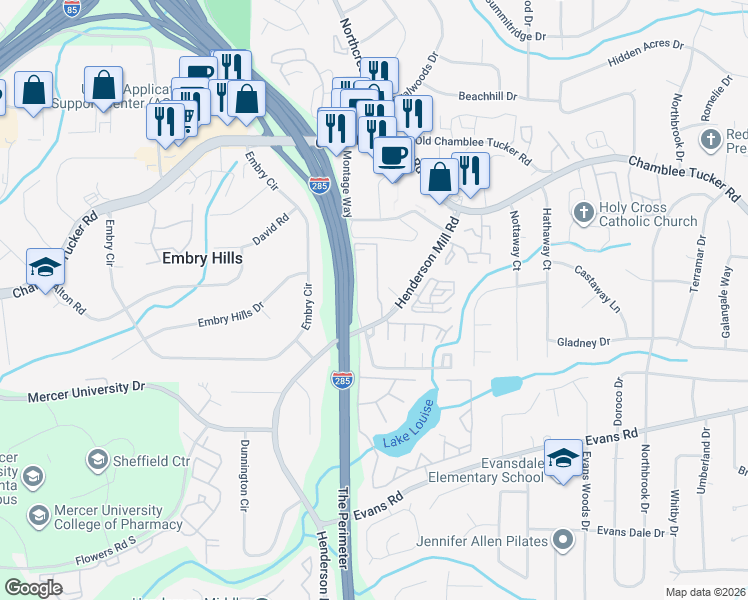map of restaurants, bars, coffee shops, grocery stores, and more near 3220 Henderson Mill Road in Chamblee