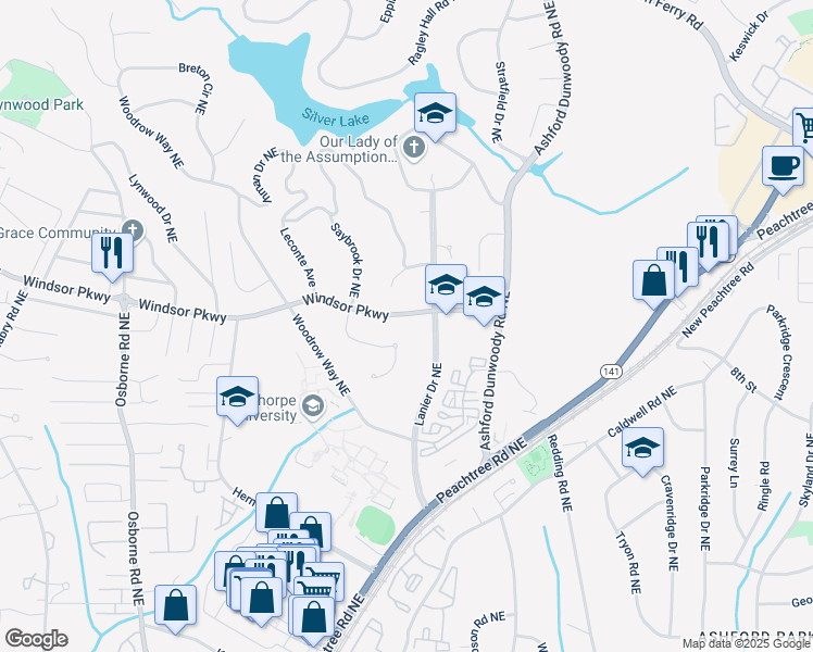 map of restaurants, bars, coffee shops, grocery stores, and more near 1617 Windsor Parkway in Atlanta