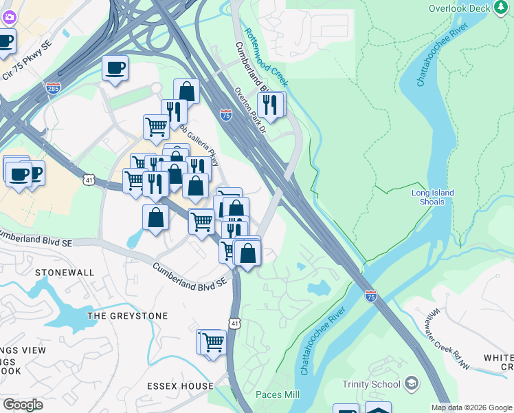 map of restaurants, bars, coffee shops, grocery stores, and more near 3290 Cobb Galleria Parkway in Atlanta