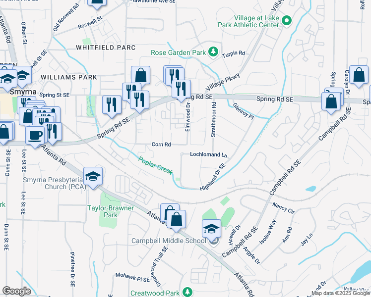 map of restaurants, bars, coffee shops, grocery stores, and more near 1837 Lochlomand Lane in Smyrna