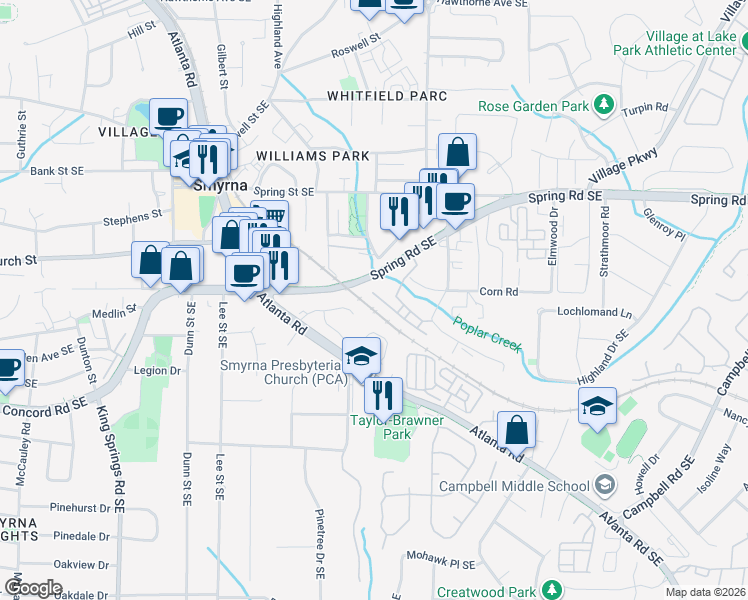 map of restaurants, bars, coffee shops, grocery stores, and more near 207 Elizabeth Avenue Southeast in Smyrna