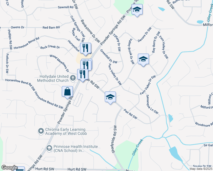 map of restaurants, bars, coffee shops, grocery stores, and more near 3001 Garland Drive Southwest in Marietta