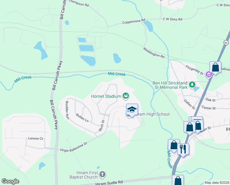 map of restaurants, bars, coffee shops, grocery stores, and more near 258 Baywood Way in Hiram