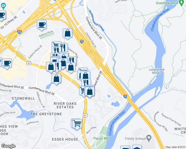 map of restaurants, bars, coffee shops, grocery stores, and more near 3290 Cobb Galleria Parkway in Atlanta