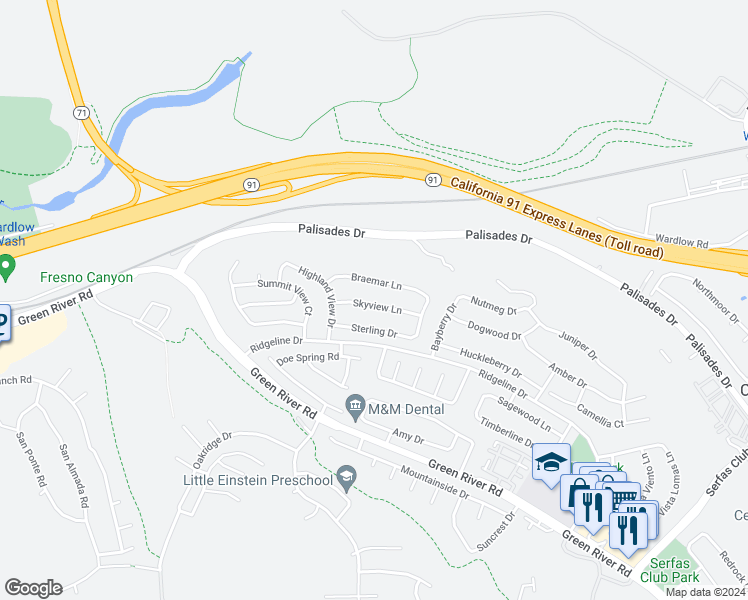 map of restaurants, bars, coffee shops, grocery stores, and more near 3357 Skyview Lane in Corona