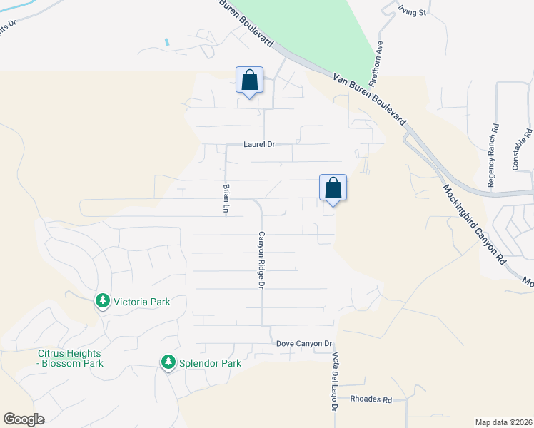 map of restaurants, bars, coffee shops, grocery stores, and more near 16538 Canyon Ridge Drive in Riverside