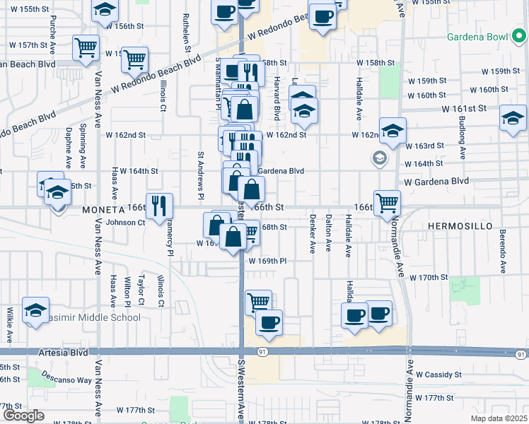 map of restaurants, bars, coffee shops, grocery stores, and more near 1726 West 165th Place in Gardena
