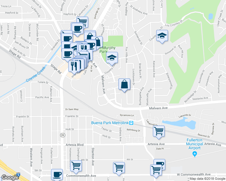 map of restaurants, bars, coffee shops, grocery stores, and more near 8198 Havasu Circle in Buena Park