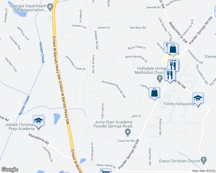 map of restaurants, bars, coffee shops, grocery stores, and more near 2830 Horseshoe Bend Road Southwest in Marietta