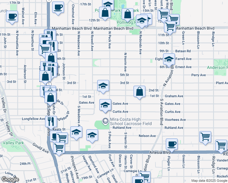 map of restaurants, bars, coffee shops, grocery stores, and more near 1514 2nd Street in Manhattan Beach
