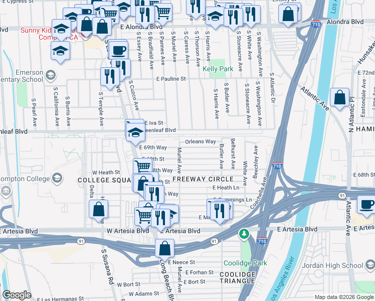 map of restaurants, bars, coffee shops, grocery stores, and more near 211 East 69th Way in Long Beach