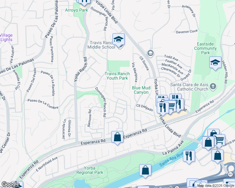 map of restaurants, bars, coffee shops, grocery stores, and more near 21340 Vía Del Puma in Yorba Linda