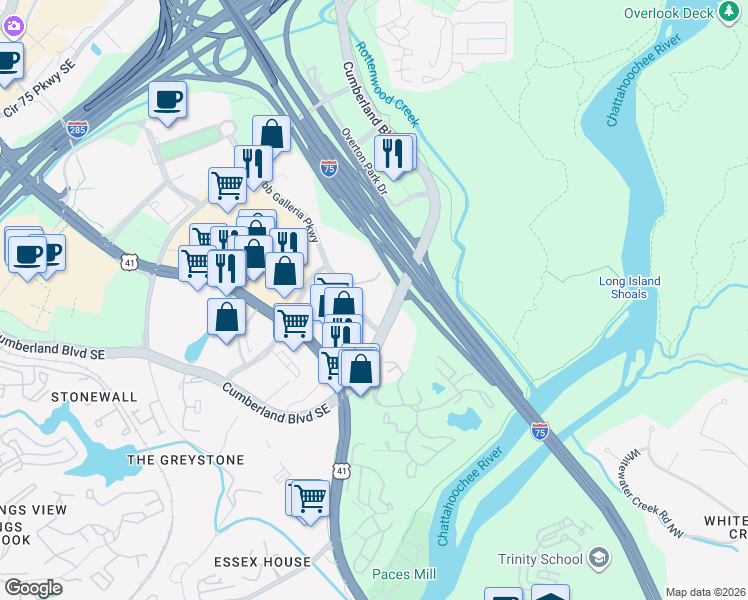 map of restaurants, bars, coffee shops, grocery stores, and more near 3290 Cobb Galleria Parkway in Atlanta