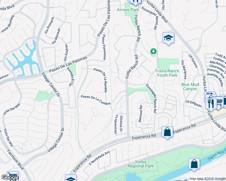 map of restaurants, bars, coffee shops, grocery stores, and more near 5795 Vía Perla in Yorba Linda