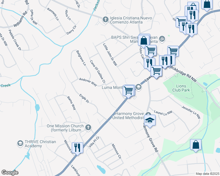 map of restaurants, bars, coffee shops, grocery stores, and more near 374 Cana Of Galilee Court in Tucker