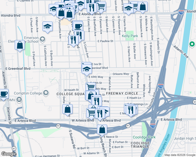 map of restaurants, bars, coffee shops, grocery stores, and more near 3 Corbin Way in Long Beach