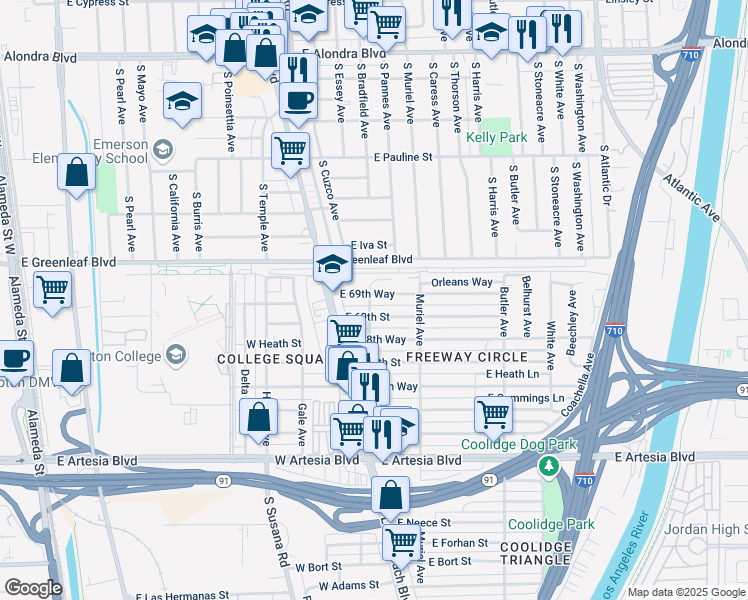 map of restaurants, bars, coffee shops, grocery stores, and more near 100 East 69th Way in Long Beach