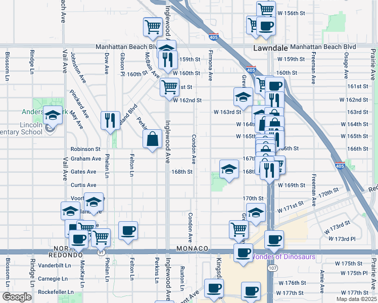 map of restaurants, bars, coffee shops, grocery stores, and more near 4710 West 166th Street in Lawndale