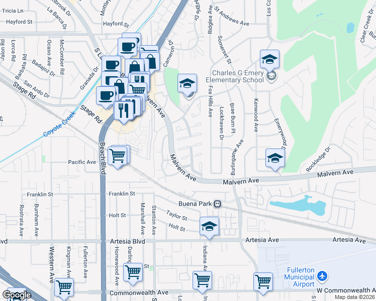 map of restaurants, bars, coffee shops, grocery stores, and more near 8198 Havasu Circle in Buena Park