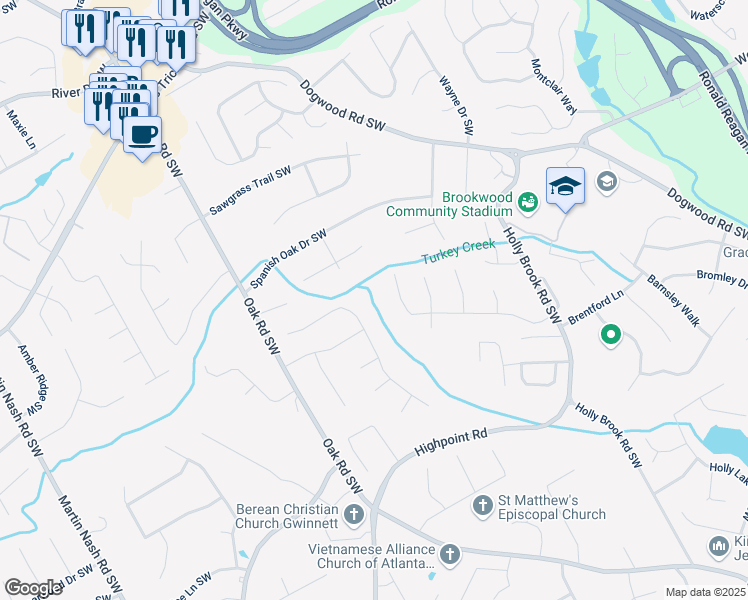 map of restaurants, bars, coffee shops, grocery stores, and more near 1201 Barkwood Court Southwest in Lilburn