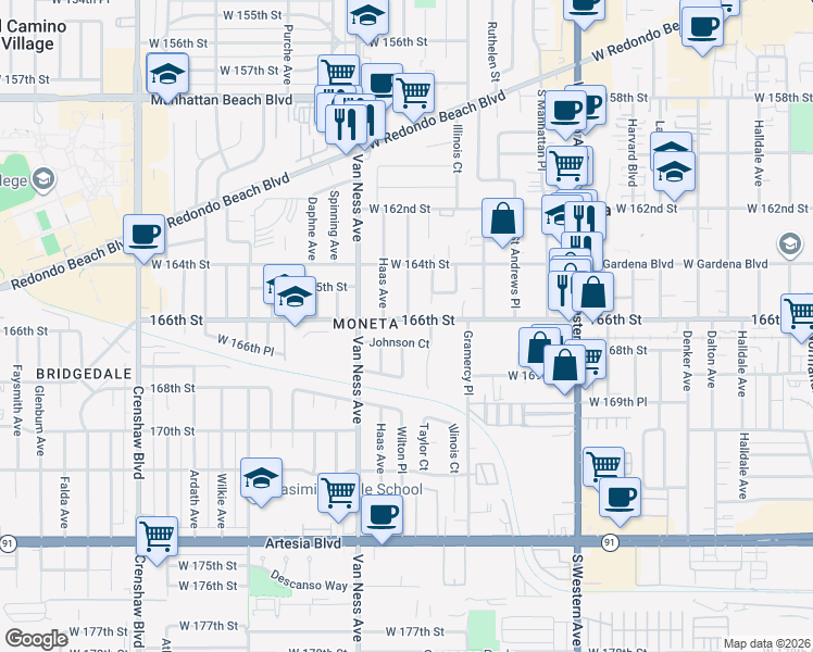 map of restaurants, bars, coffee shops, grocery stores, and more near 2106 166th Street in Torrance