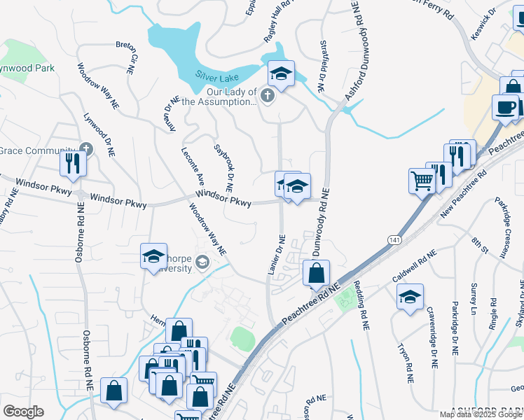 map of restaurants, bars, coffee shops, grocery stores, and more near 1617 Windsor Parkway in Atlanta