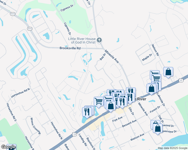 map of restaurants, bars, coffee shops, grocery stores, and more near 11465 Bay Drive in Little River