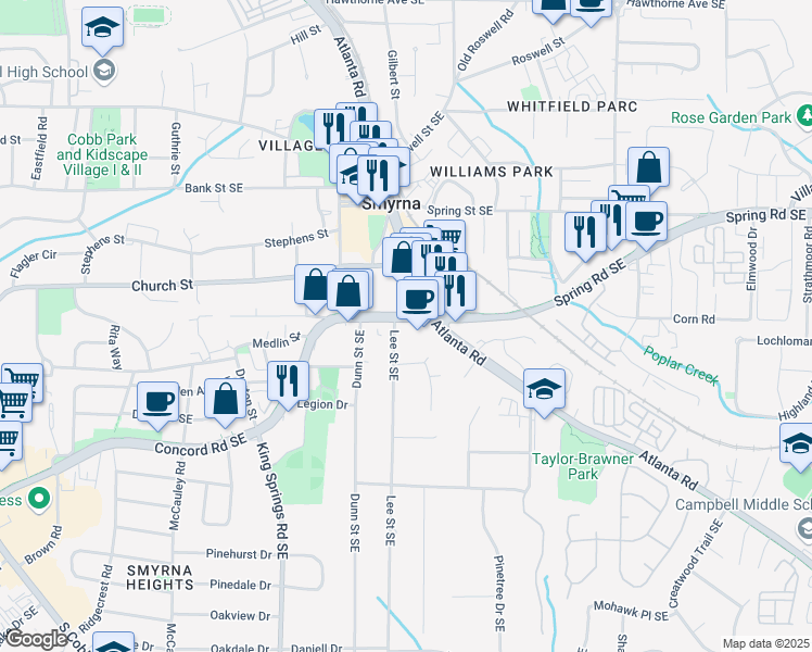 map of restaurants, bars, coffee shops, grocery stores, and more near 1315 Concord Road Southeast in Smyrna