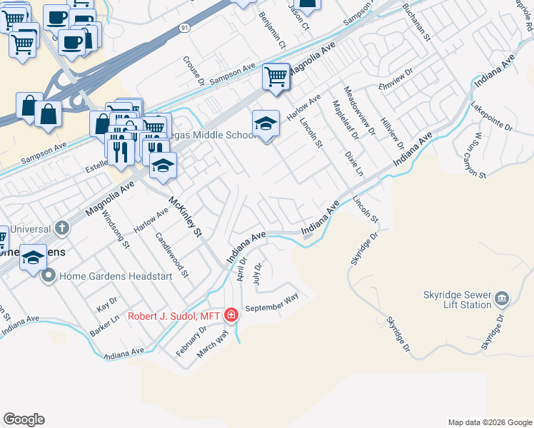 map of restaurants, bars, coffee shops, grocery stores, and more near 3541 4 Seasons Road in Riverside