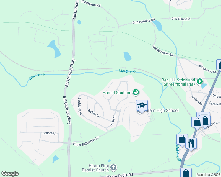 map of restaurants, bars, coffee shops, grocery stores, and more near 218 Baywood Crossing in Hiram