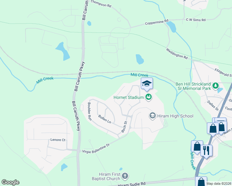 map of restaurants, bars, coffee shops, grocery stores, and more near 187 Baywood Crossing in Hiram