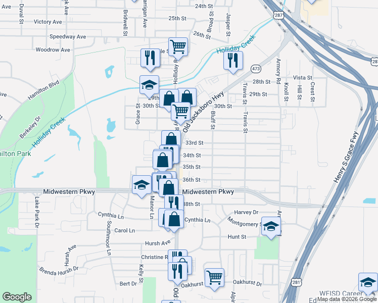 map of restaurants, bars, coffee shops, grocery stores, and more near 1403-1499 33rd Street in Wichita Falls