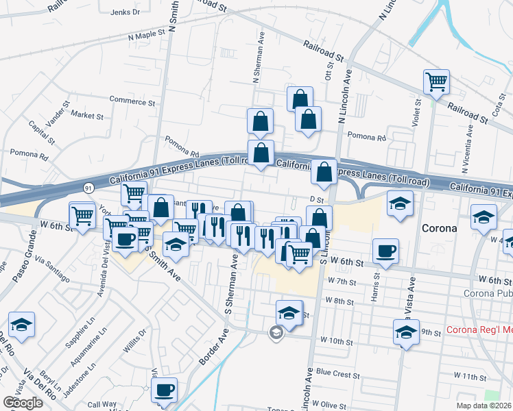 map of restaurants, bars, coffee shops, grocery stores, and more near 1256 D Street in Corona