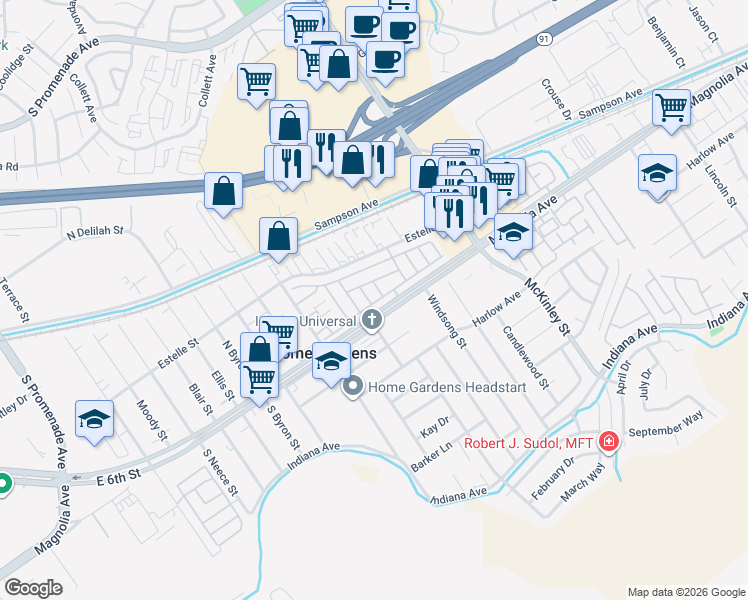 map of restaurants, bars, coffee shops, grocery stores, and more near 13381 Magnolia Avenue in Corona