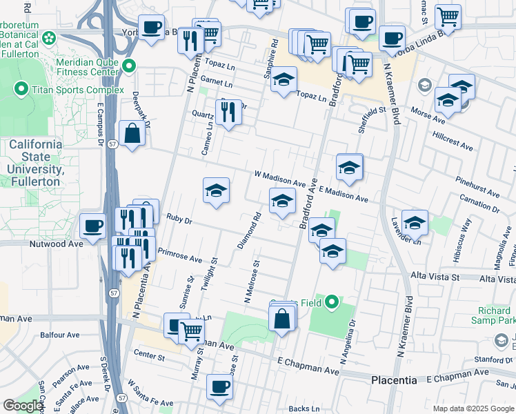 map of restaurants, bars, coffee shops, grocery stores, and more near 402 Jade Avenue in Placentia