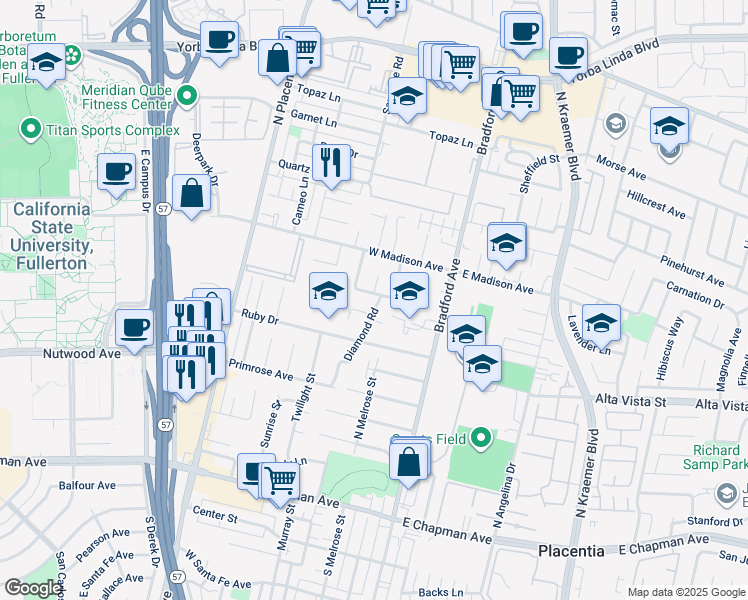 map of restaurants, bars, coffee shops, grocery stores, and more near 402 Jade Avenue in Placentia